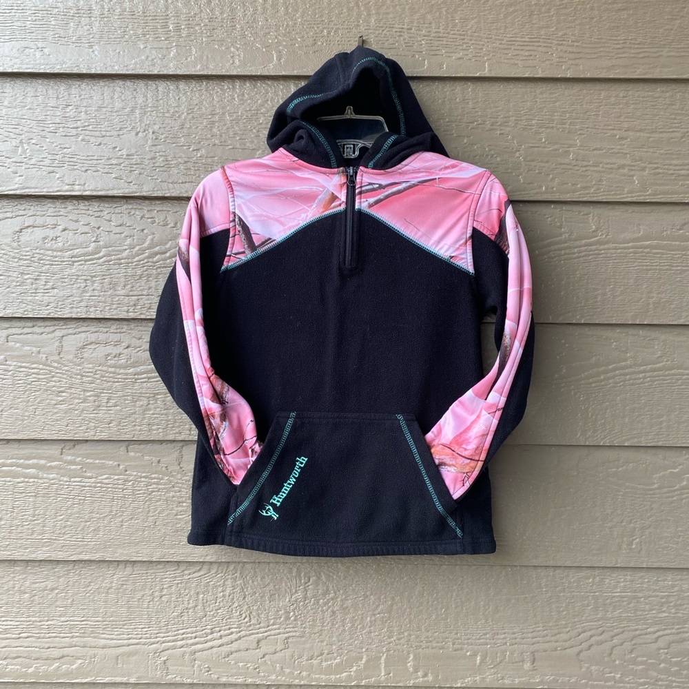 Huntworth 1/4 Zip fleece Hoodie Black Youth Small Oak Tree PINK Camo Performance